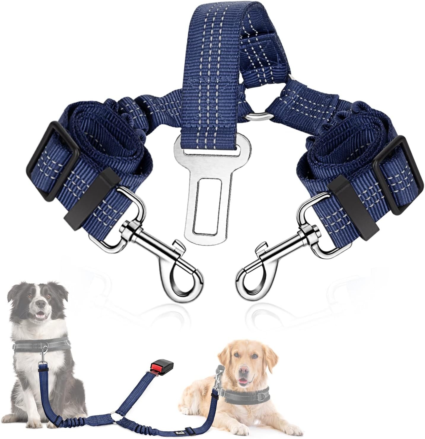 image:imageSlowTon Dog Seat Belt Double Dog Seatbelt Adjustable Vehicle Safety Leash with Elastic Bungee Buffer Reflective No Tangle Y Shape Two Dog Harness Seat Belt Splitter for Pets Car Trip Black SKBlue
