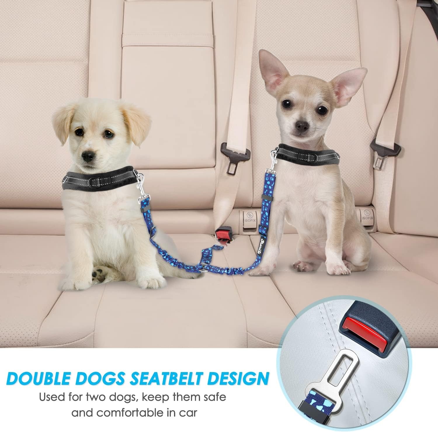 image:imageSlowTon Dog Seat Belt Double Dog Seatbelt Adjustable Vehicle Safety Leash with Elastic Bungee Buffer Reflective No Tangle Y Shape Two Dog Harness Seat Belt Splitter for Pets Car Trip Black SIBlue Paws