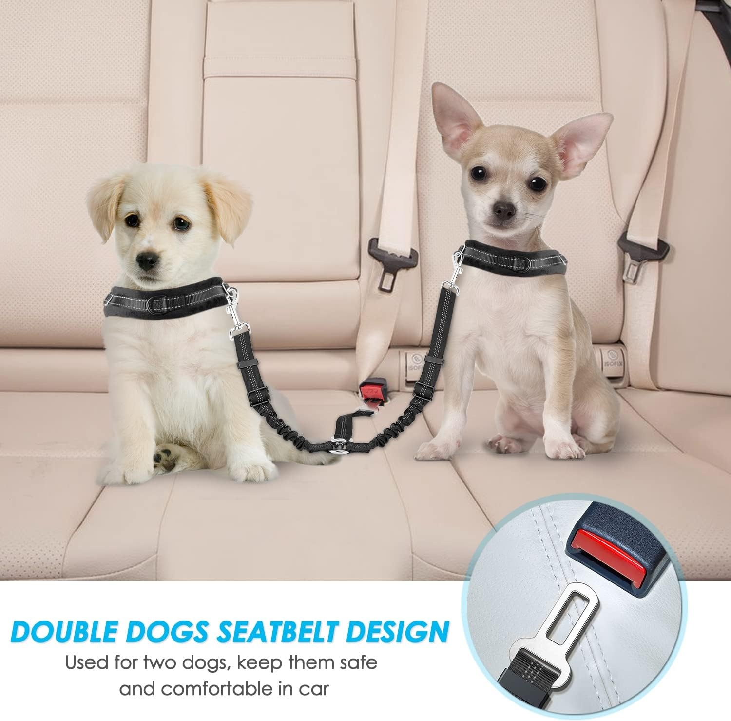 image:imageSlowTon Dog Seat Belt Double Dog Seatbelt Adjustable Vehicle Safety Leash with Elastic Bungee Buffer Reflective No Tangle Y Shape Two Dog Harness Seat Belt Splitter for Pets Car Trip Black SABlack