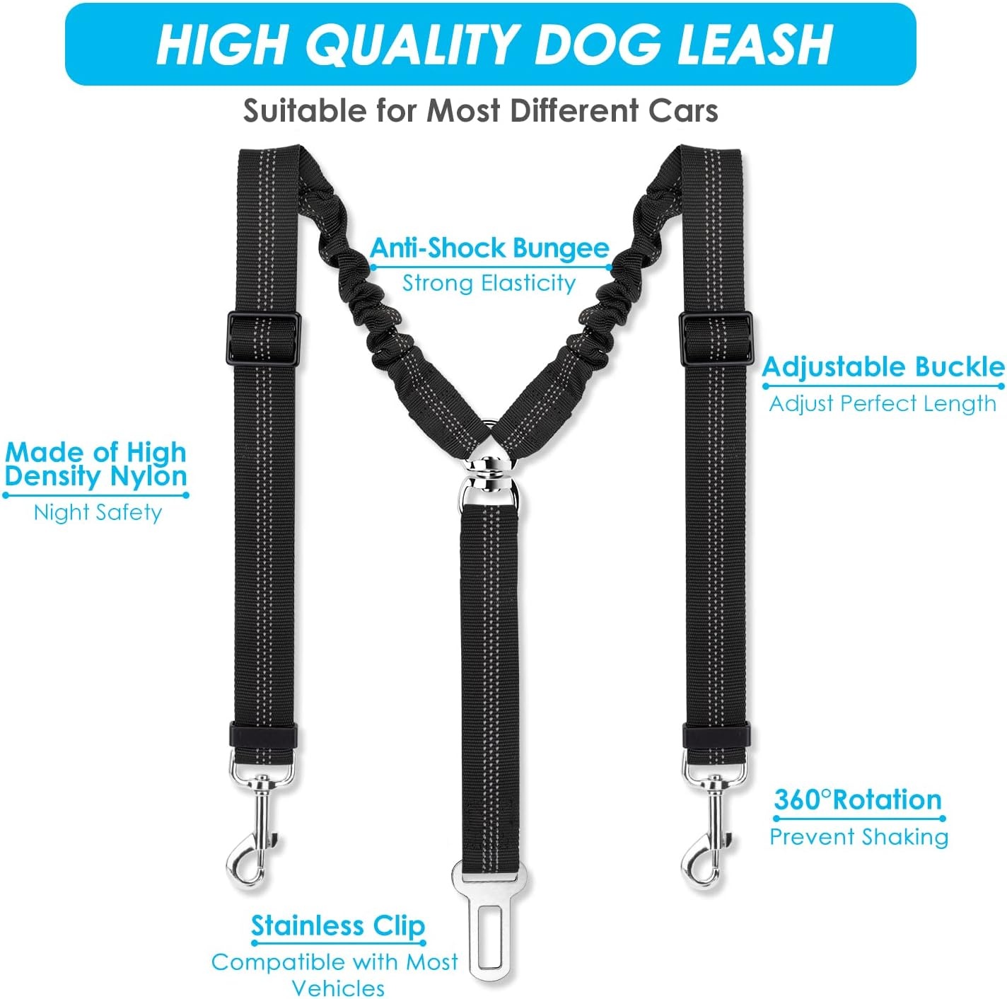 image:imageSlowTon Dog Seat Belt Double Dog Seatbelt Adjustable Vehicle Safety Leash with Elastic Bungee Buffer Reflective No Tangle Y Shape Two Dog Harness Seat Belt Splitter for Pets Car Trip Black SABlack