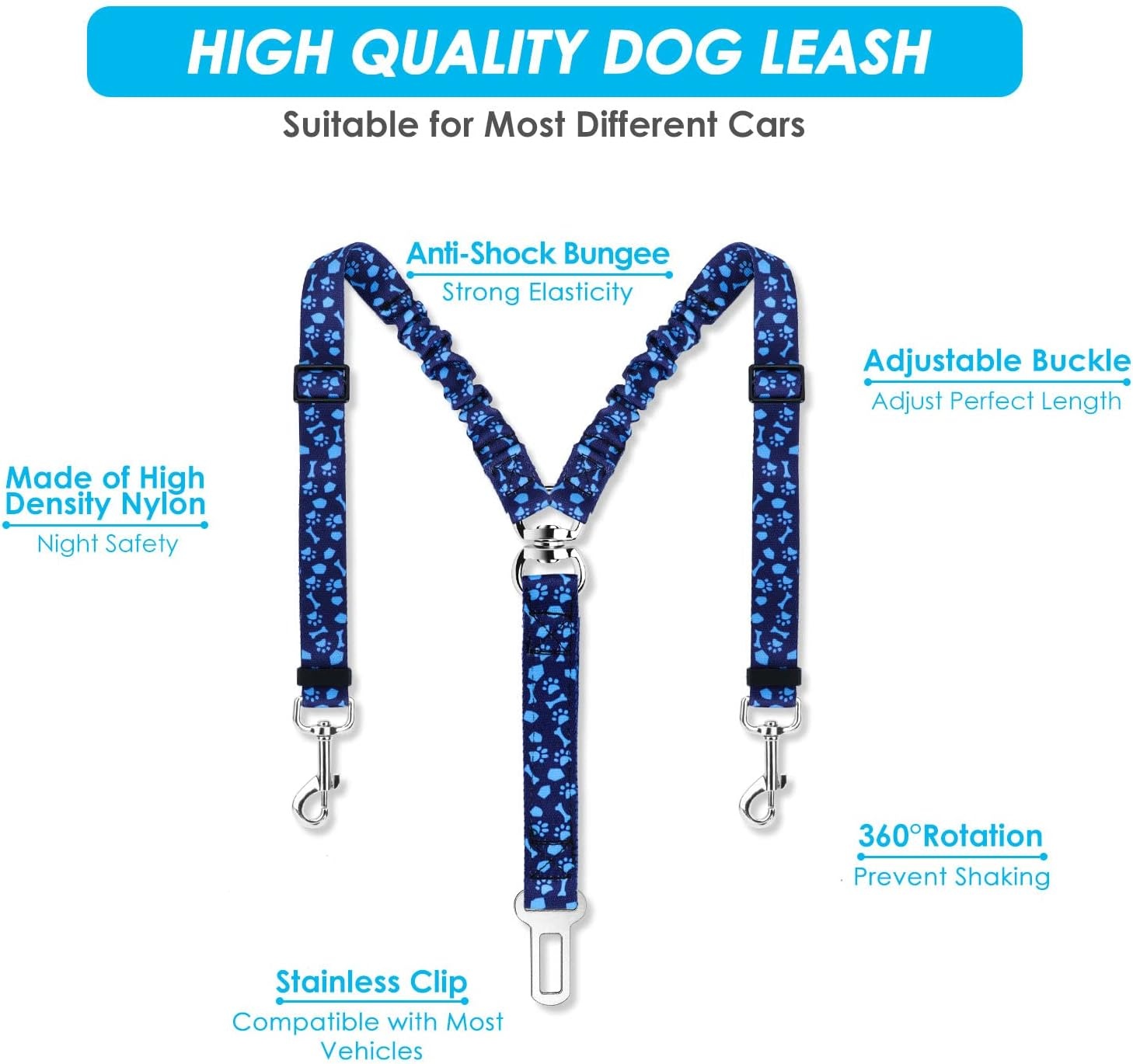 image:imageSlowTon Dog Seat Belt Double Dog Seatbelt Adjustable Vehicle Safety Leash with Elastic Bungee Buffer Reflective No Tangle Y Shape Two Dog Harness Seat Belt Splitter for Pets Car Trip Black SIBlue Paws
