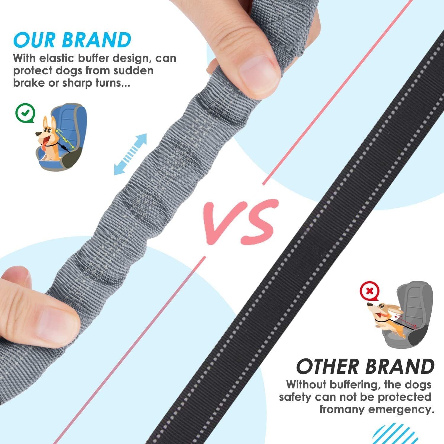 image:imageSlowTon Dog Seat Belt Double Dog Seatbelt Adjustable Vehicle Safety Leash with Elastic Bungee Buffer Reflective No Tangle Y Shape Two Dog Harness Seat Belt Splitter for Pets Car Trip Black SGGrey