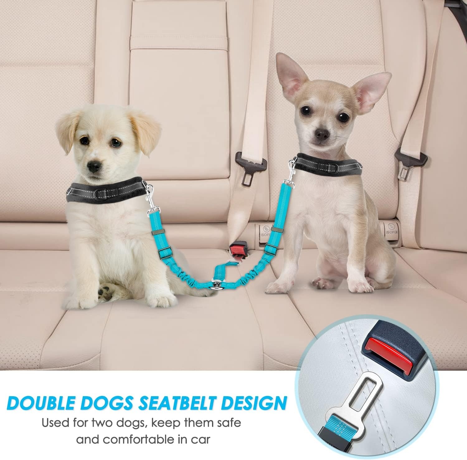 image:imageSlowTon Dog Seat Belt Double Dog Seatbelt Adjustable Vehicle Safety Leash with Elastic Bungee Buffer Reflective No Tangle Y Shape Two Dog Harness Seat Belt Splitter for Pets Car Trip Black SCMint Blue