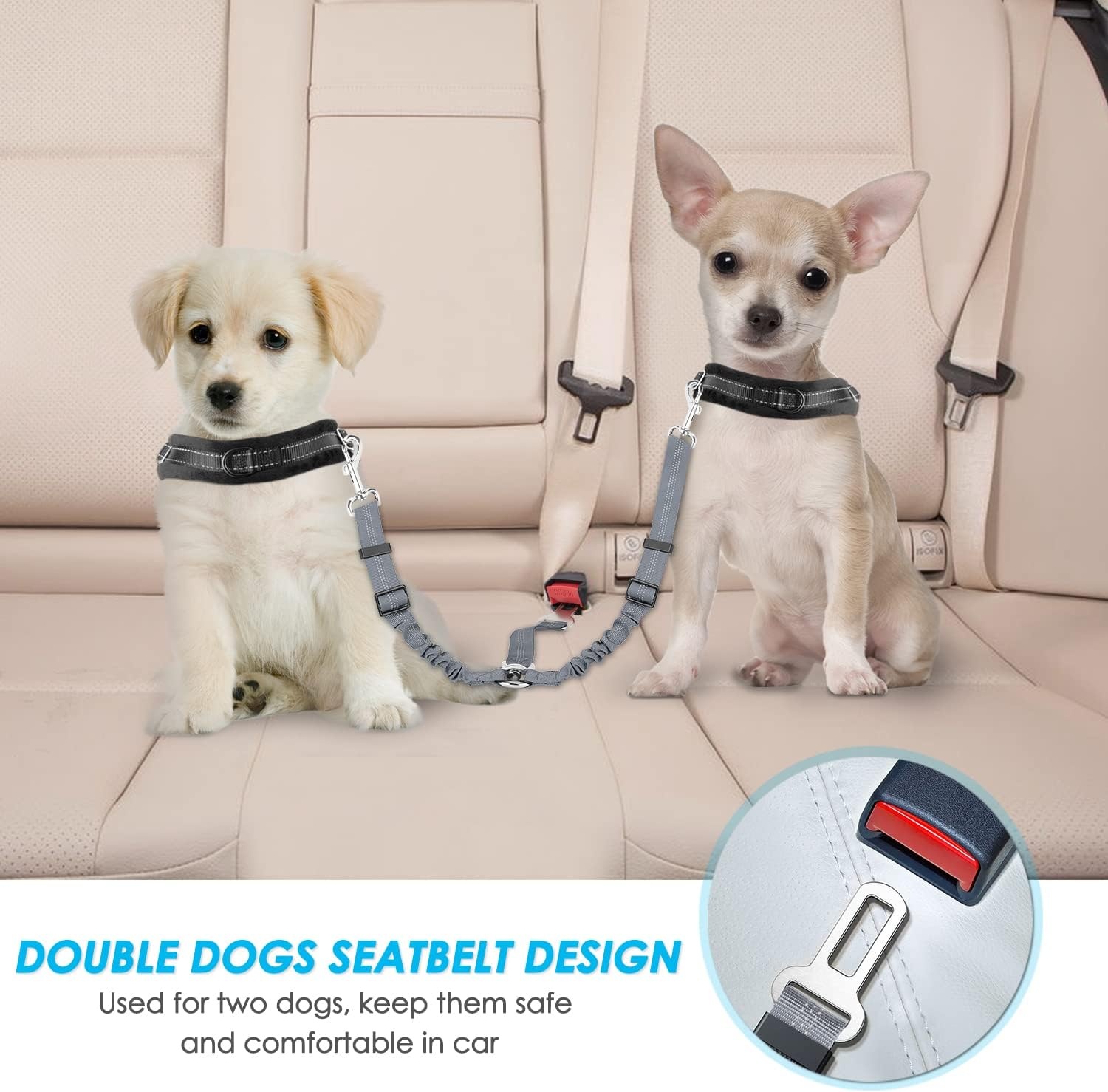 image:imageSlowTon Dog Seat Belt Double Dog Seatbelt Adjustable Vehicle Safety Leash with Elastic Bungee Buffer Reflective No Tangle Y Shape Two Dog Harness Seat Belt Splitter for Pets Car Trip Black SGGrey