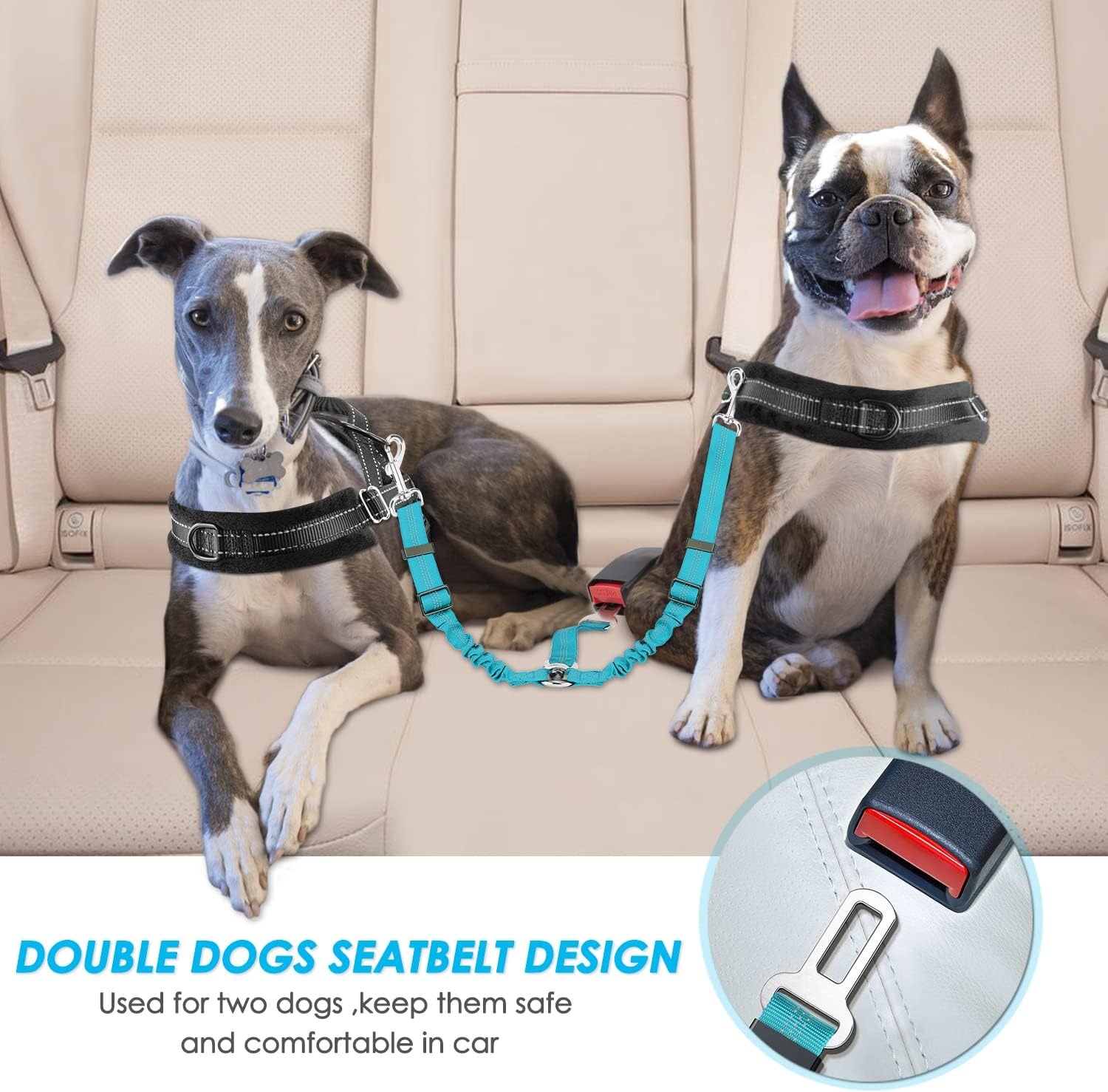 image:imageSlowTon Dog Seat Belt Double Dog Seatbelt Adjustable Vehicle Safety Leash with Elastic Bungee Buffer Reflective No Tangle Y Shape Two Dog Harness Seat Belt Splitter for Pets Car Trip Black SCMint Blue