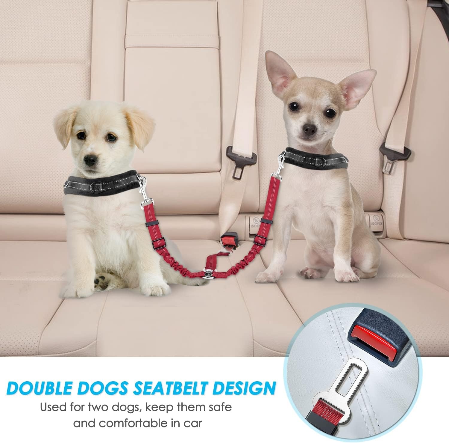 image:imageSlowTon Dog Seat Belt Double Dog Seatbelt Adjustable Vehicle Safety Leash with Elastic Bungee Buffer Reflective No Tangle Y Shape Two Dog Harness Seat Belt Splitter for Pets Car Trip Black SDRed