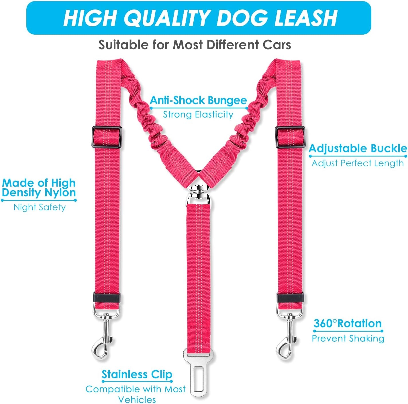 image:imageSlowTon Dog Seat Belt Double Dog Seatbelt Adjustable Vehicle Safety Leash with Elastic Bungee Buffer Reflective No Tangle Y Shape Two Dog Harness Seat Belt Splitter for Pets Car Trip Black SBFluorescent Pink