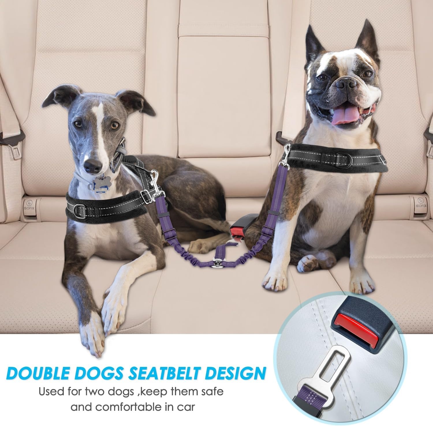 image:imageSlowTon Dog Seat Belt Double Dog Seatbelt Adjustable Vehicle Safety Leash with Elastic Bungee Buffer Reflective No Tangle Y Shape Two Dog Harness Seat Belt Splitter for Pets Car Trip Black SHPurple