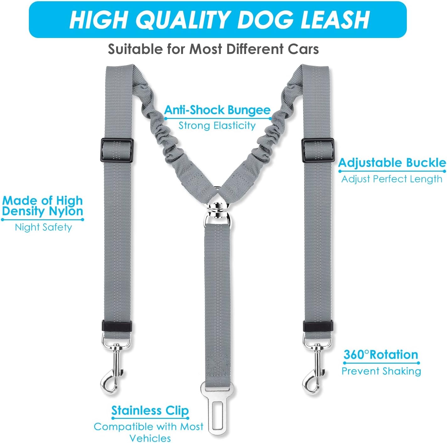 image:imageSlowTon Dog Seat Belt Double Dog Seatbelt Adjustable Vehicle Safety Leash with Elastic Bungee Buffer Reflective No Tangle Y Shape Two Dog Harness Seat Belt Splitter for Pets Car Trip Black SGGrey