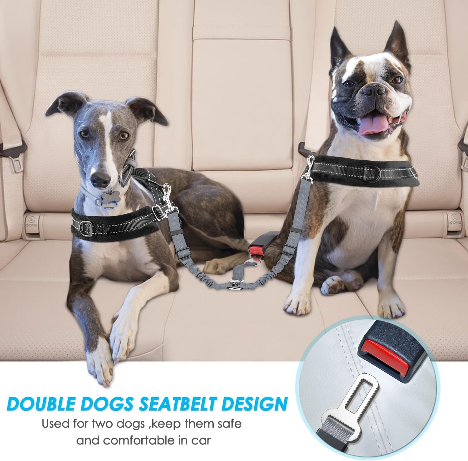 image:imageSlowTon Dog Seat Belt Double Dog Seatbelt Adjustable Vehicle Safety Leash with Elastic Bungee Buffer Reflective No Tangle Y Shape Two Dog Harness Seat Belt Splitter for Pets Car Trip Black SGGrey