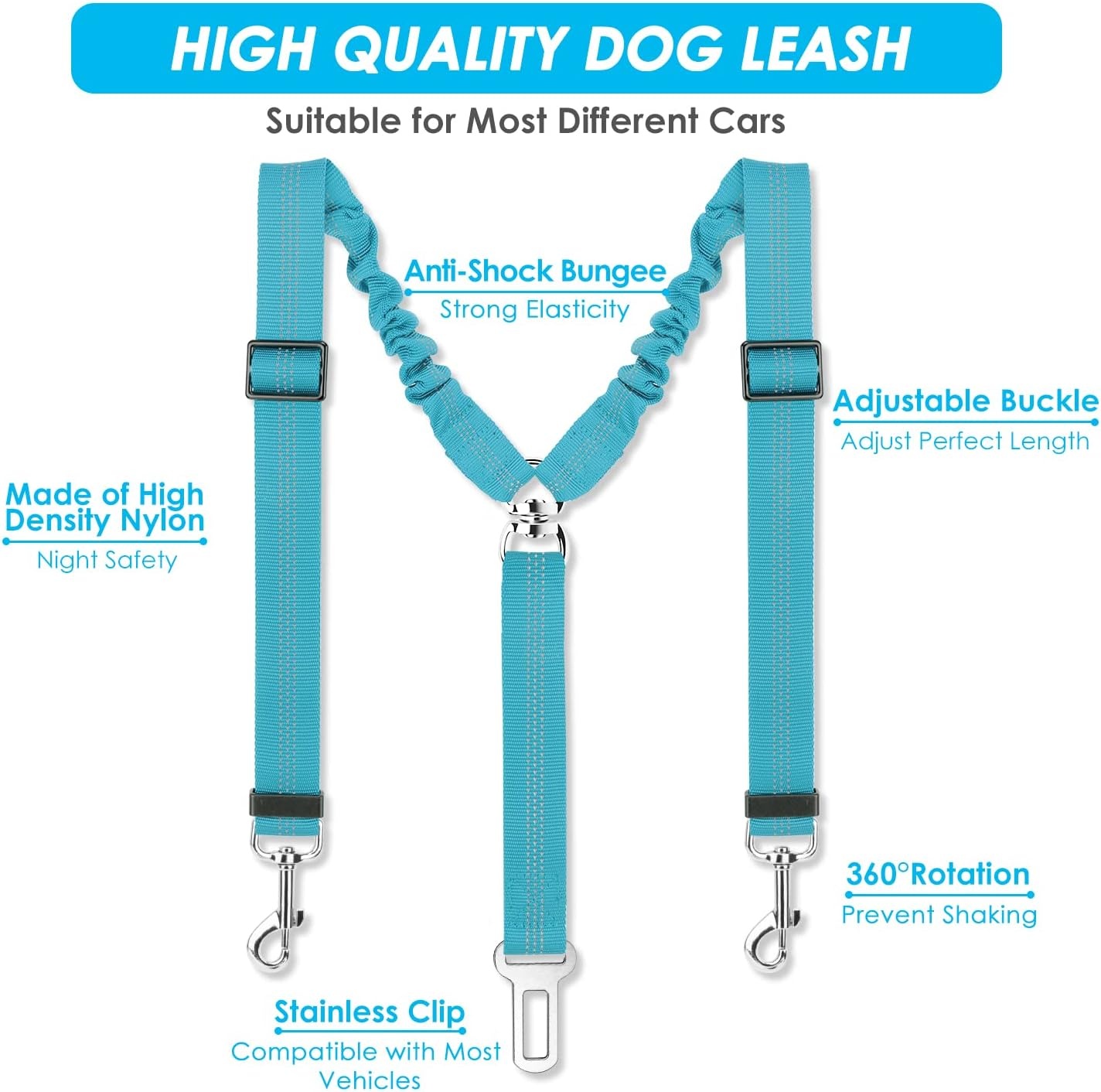 image:imageSlowTon Dog Seat Belt Double Dog Seatbelt Adjustable Vehicle Safety Leash with Elastic Bungee Buffer Reflective No Tangle Y Shape Two Dog Harness Seat Belt Splitter for Pets Car Trip Black SCMint Blue