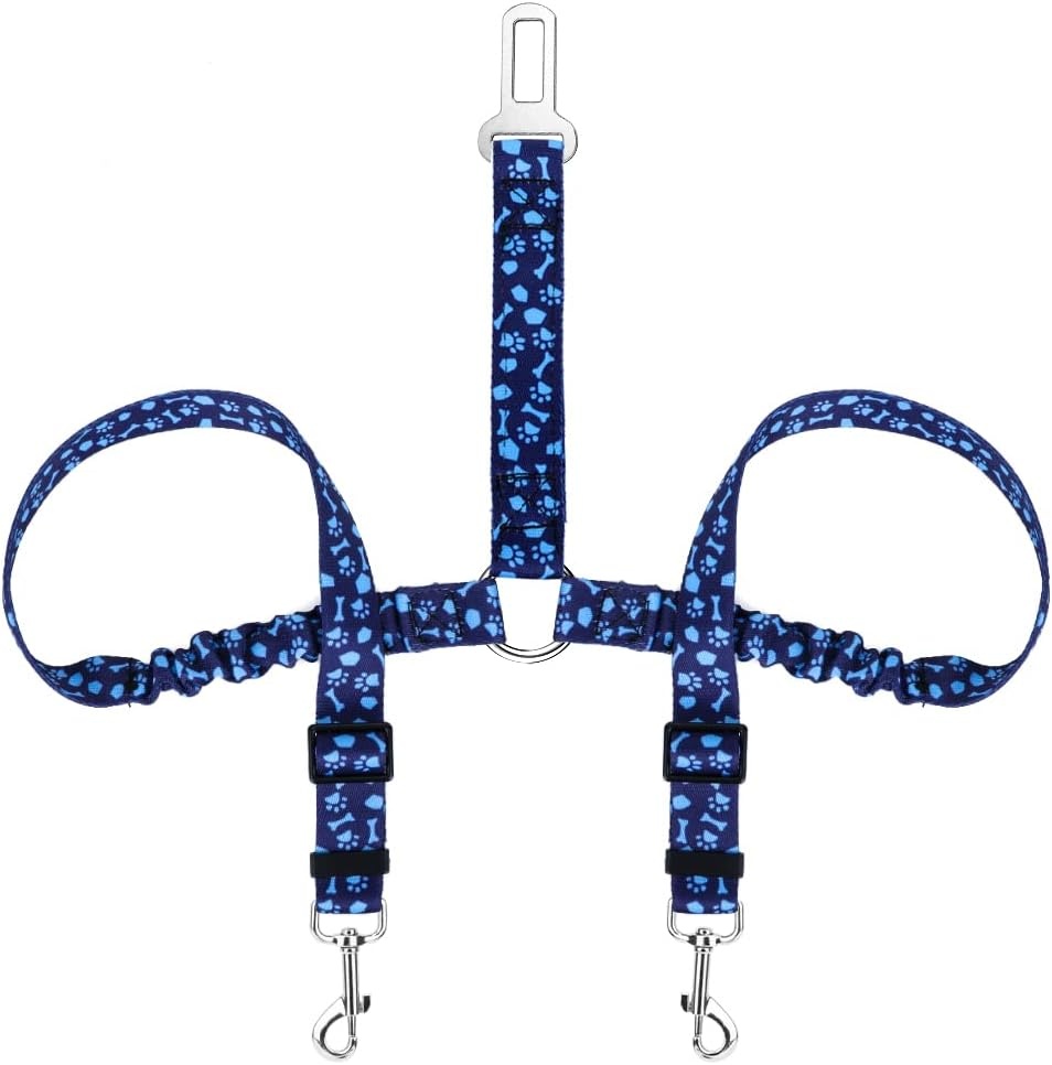image:imageSlowTon Dog Seat Belt Double Dog Seatbelt Adjustable Vehicle Safety Leash with Elastic Bungee Buffer Reflective No Tangle Y Shape Two Dog Harness Seat Belt Splitter for Pets Car Trip Black SIBlue Paws