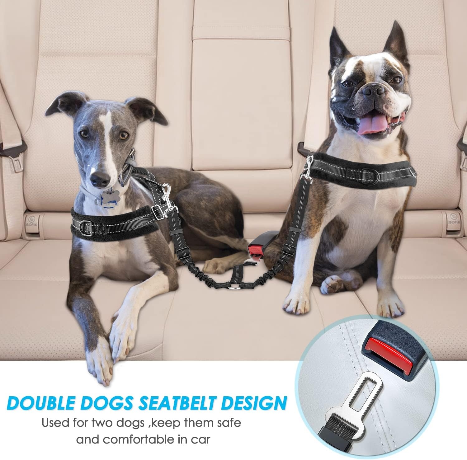 image:imageSlowTon Dog Seat Belt Double Dog Seatbelt Adjustable Vehicle Safety Leash with Elastic Bungee Buffer Reflective No Tangle Y Shape Two Dog Harness Seat Belt Splitter for Pets Car Trip Black SABlack