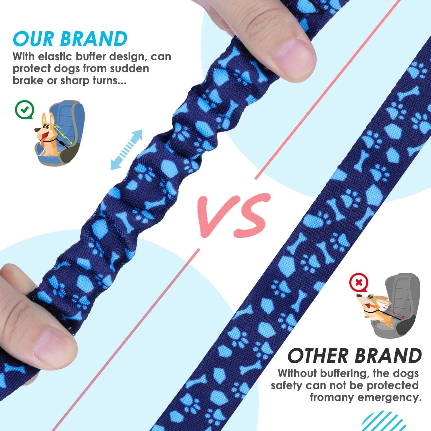image:imageSlowTon Dog Seat Belt Double Dog Seatbelt Adjustable Vehicle Safety Leash with Elastic Bungee Buffer Reflective No Tangle Y Shape Two Dog Harness Seat Belt Splitter for Pets Car Trip Black SIBlue Paws