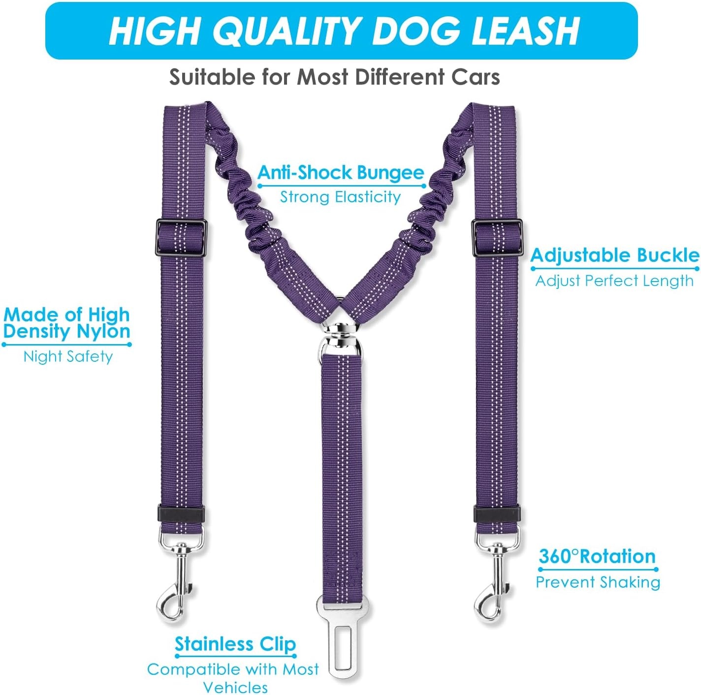 image:imageSlowTon Dog Seat Belt Double Dog Seatbelt Adjustable Vehicle Safety Leash with Elastic Bungee Buffer Reflective No Tangle Y Shape Two Dog Harness Seat Belt Splitter for Pets Car Trip Black SHPurple