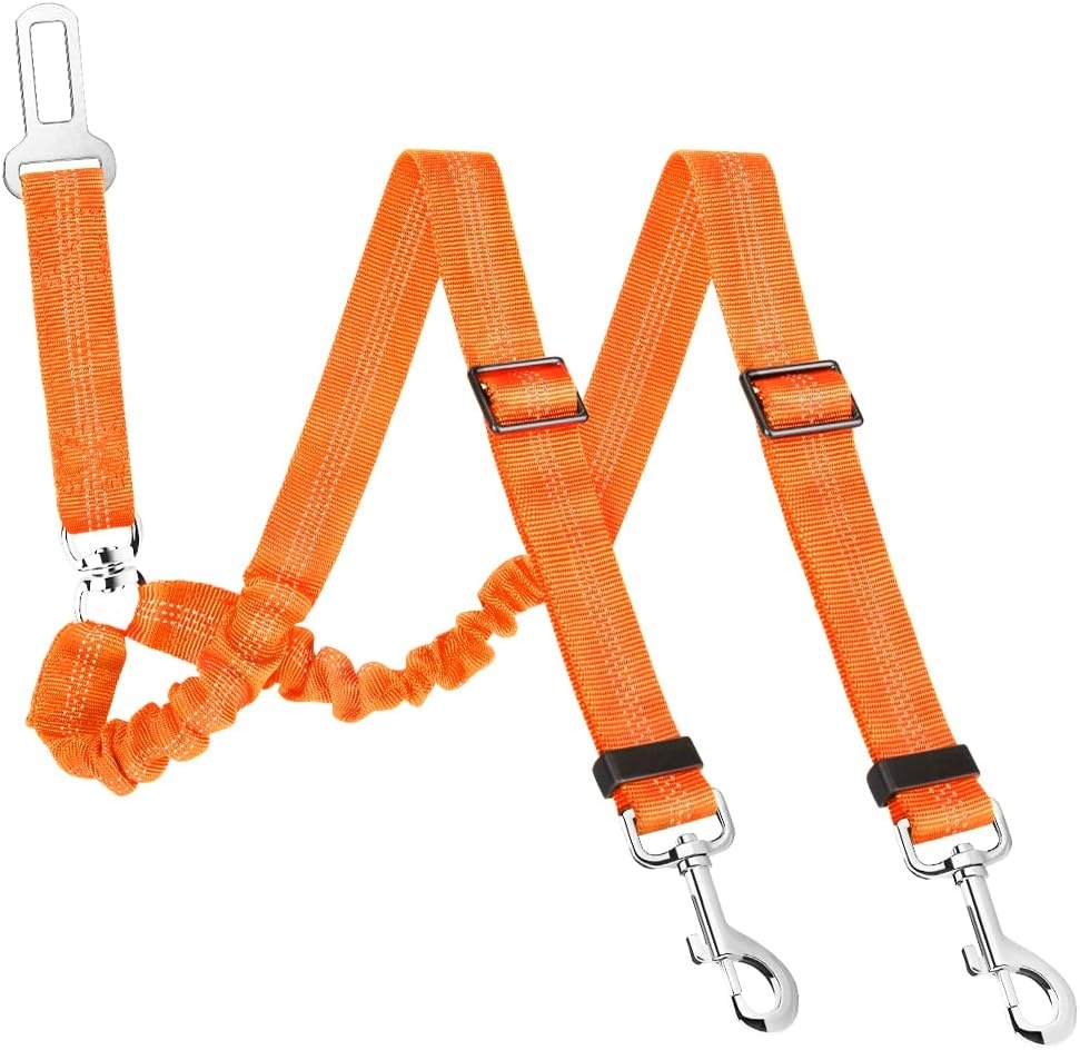 image:imageSlowTon Dog Seat Belt Double Dog Seatbelt Adjustable Vehicle Safety Leash with Elastic Bungee Buffer Reflective No Tangle Y Shape Two Dog Harness Seat Belt Splitter for Pets Car Trip Black SJOrange