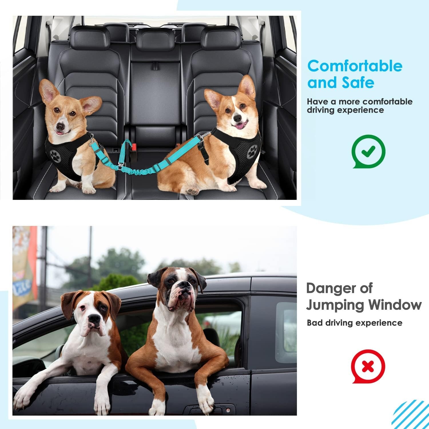 image:imageSlowTon Dog Seat Belt Double Dog Seatbelt Adjustable Vehicle Safety Leash with Elastic Bungee Buffer Reflective No Tangle Y Shape Two Dog Harness Seat Belt Splitter for Pets Car Trip Black SCMint Blue