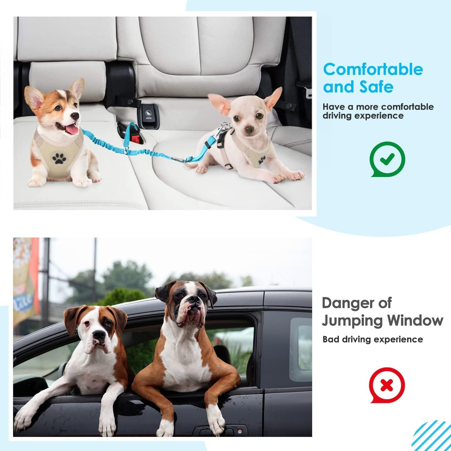 image:imageSlowTon Dog Seat Belt Double Dog Seatbelt Adjustable Vehicle Safety Leash with Elastic Bungee Buffer Reflective No Tangle Y Shape Two Dog Harness Seat Belt Splitter for Pets Car Trip Black SCMint Blue