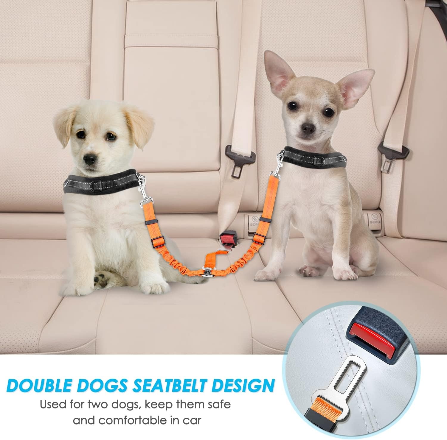 image:imageSlowTon Dog Seat Belt Double Dog Seatbelt Adjustable Vehicle Safety Leash with Elastic Bungee Buffer Reflective No Tangle Y Shape Two Dog Harness Seat Belt Splitter for Pets Car Trip Black SJOrange