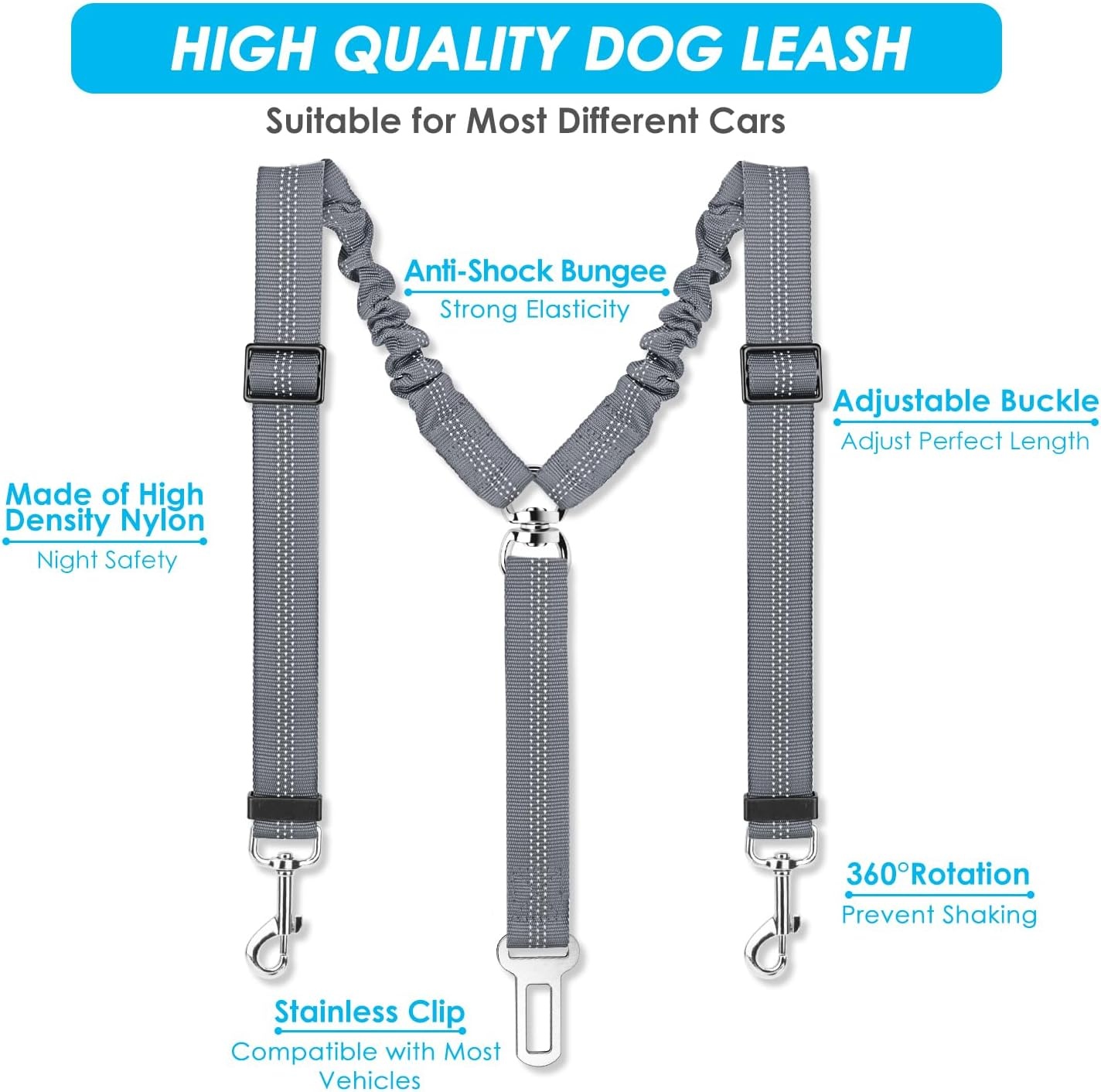 image:imageSlowTon Dog Seat Belt Double Dog Seatbelt Adjustable Vehicle Safety Leash with Elastic Bungee Buffer Reflective No Tangle Y Shape Two Dog Harness Seat Belt Splitter for Pets Car Trip Black SGGrey
