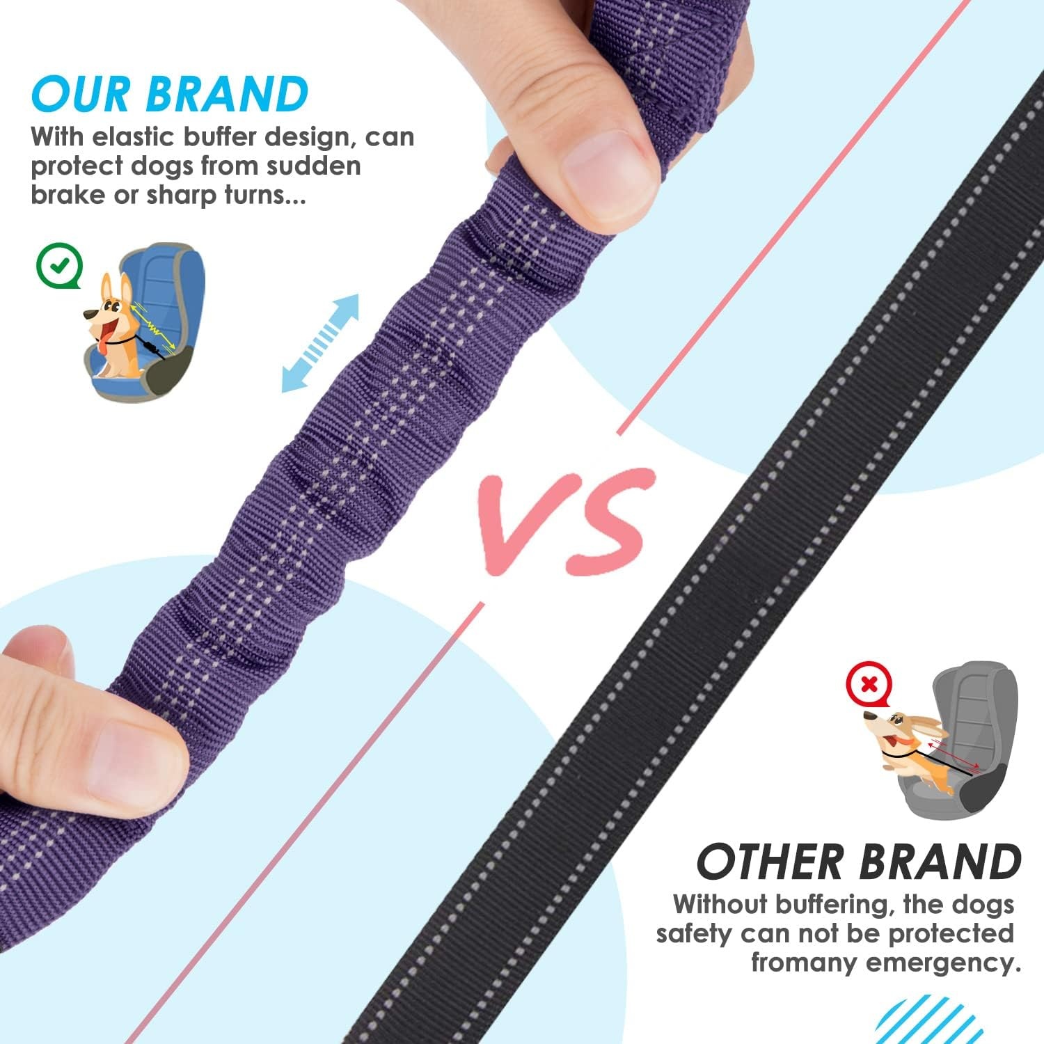 image:imageSlowTon Dog Seat Belt Double Dog Seatbelt Adjustable Vehicle Safety Leash with Elastic Bungee Buffer Reflective No Tangle Y Shape Two Dog Harness Seat Belt Splitter for Pets Car Trip Black SHPurple