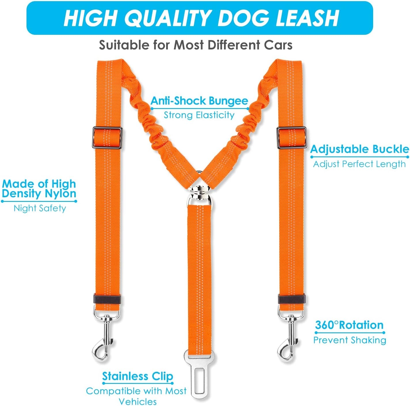 image:imageSlowTon Dog Seat Belt Double Dog Seatbelt Adjustable Vehicle Safety Leash with Elastic Bungee Buffer Reflective No Tangle Y Shape Two Dog Harness Seat Belt Splitter for Pets Car Trip Black SJOrange