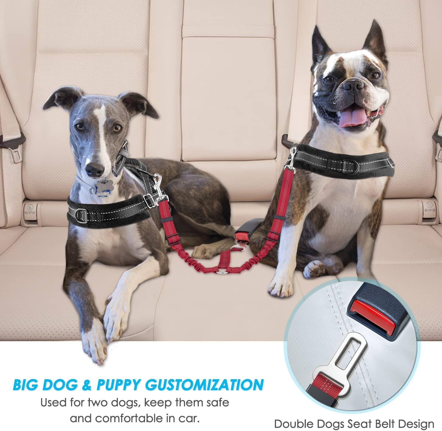 image:imageSlowTon Dog Seat Belt Double Dog Seatbelt Adjustable Vehicle Safety Leash with Elastic Bungee Buffer Reflective No Tangle Y Shape Two Dog Harness Seat Belt Splitter for Pets Car Trip Black SDRed