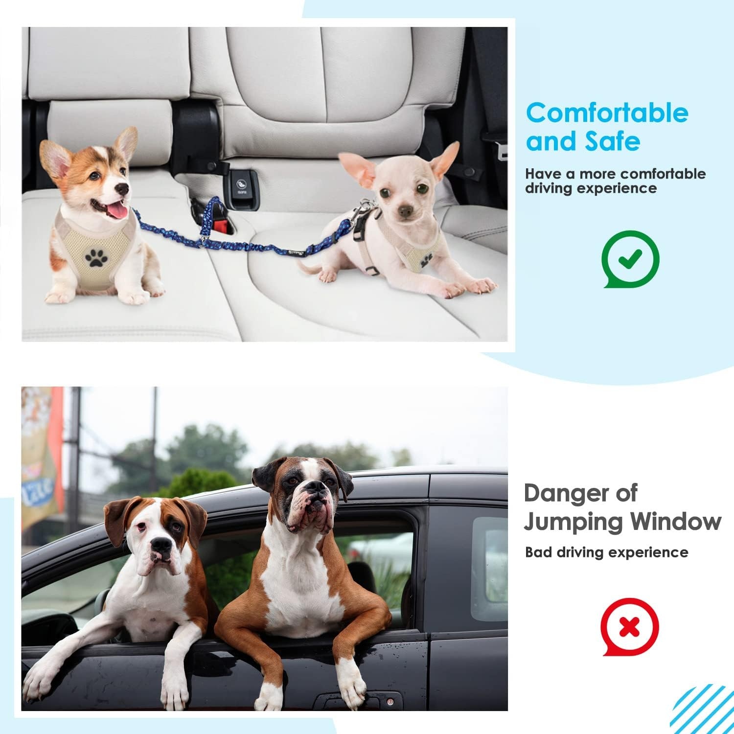 image:imageSlowTon Dog Seat Belt Double Dog Seatbelt Adjustable Vehicle Safety Leash with Elastic Bungee Buffer Reflective No Tangle Y Shape Two Dog Harness Seat Belt Splitter for Pets Car Trip Black SIBlue Paws