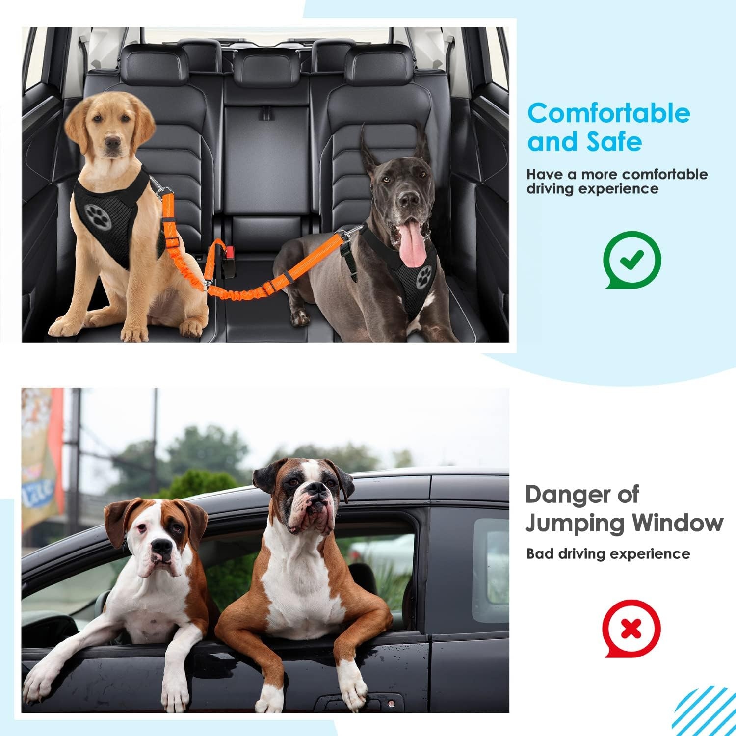 image:imageSlowTon Dog Seat Belt Double Dog Seatbelt Adjustable Vehicle Safety Leash with Elastic Bungee Buffer Reflective No Tangle Y Shape Two Dog Harness Seat Belt Splitter for Pets Car Trip Black SJOrange