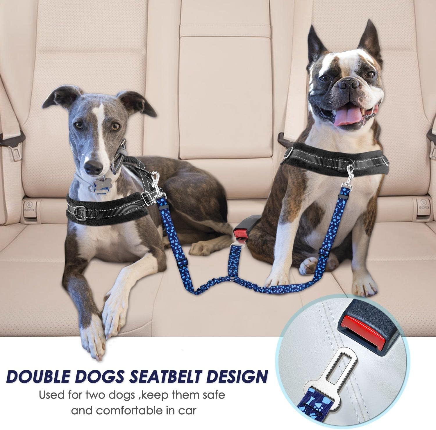 image:imageSlowTon Dog Seat Belt Double Dog Seatbelt Adjustable Vehicle Safety Leash with Elastic Bungee Buffer Reflective No Tangle Y Shape Two Dog Harness Seat Belt Splitter for Pets Car Trip Black SIBlue Paws