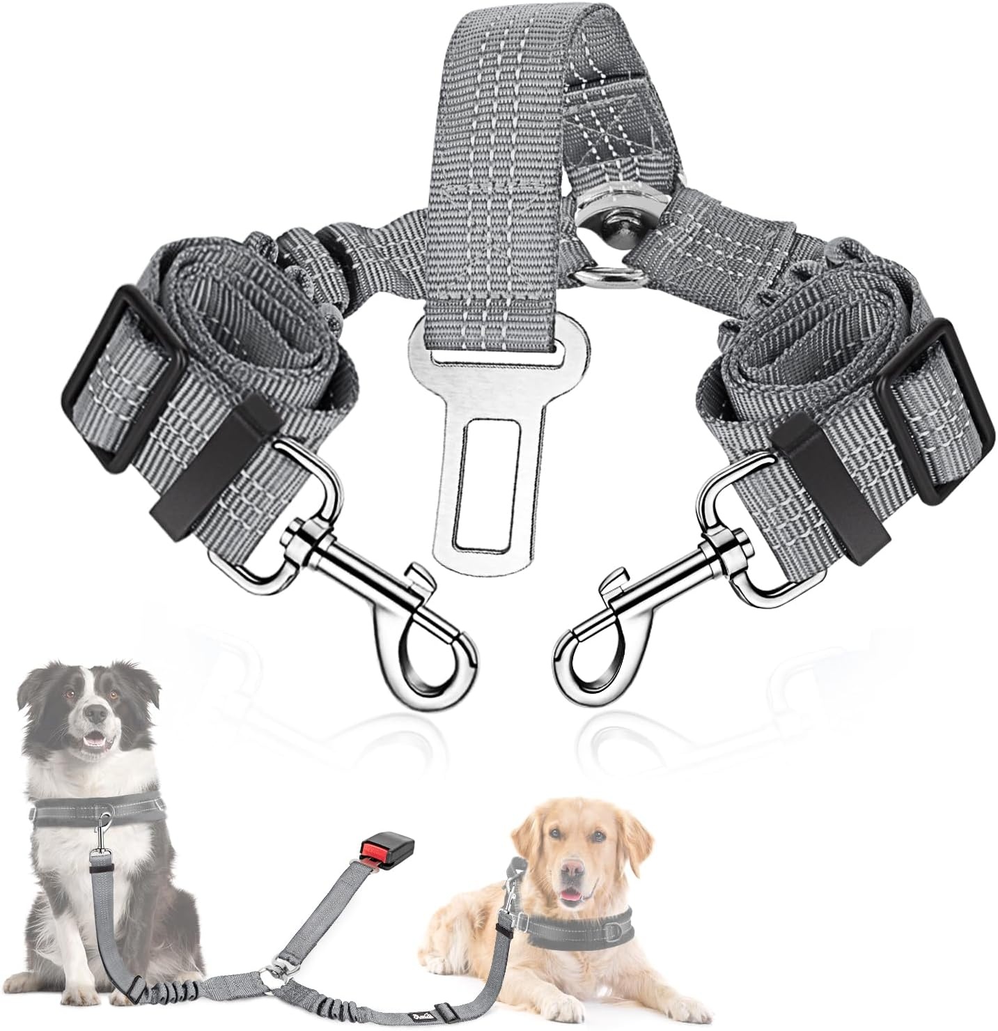 image:imageSlowTon Dog Seat Belt Double Dog Seatbelt Adjustable Vehicle Safety Leash with Elastic Bungee Buffer Reflective No Tangle Y Shape Two Dog Harness Seat Belt Splitter for Pets Car Trip Black SGGrey