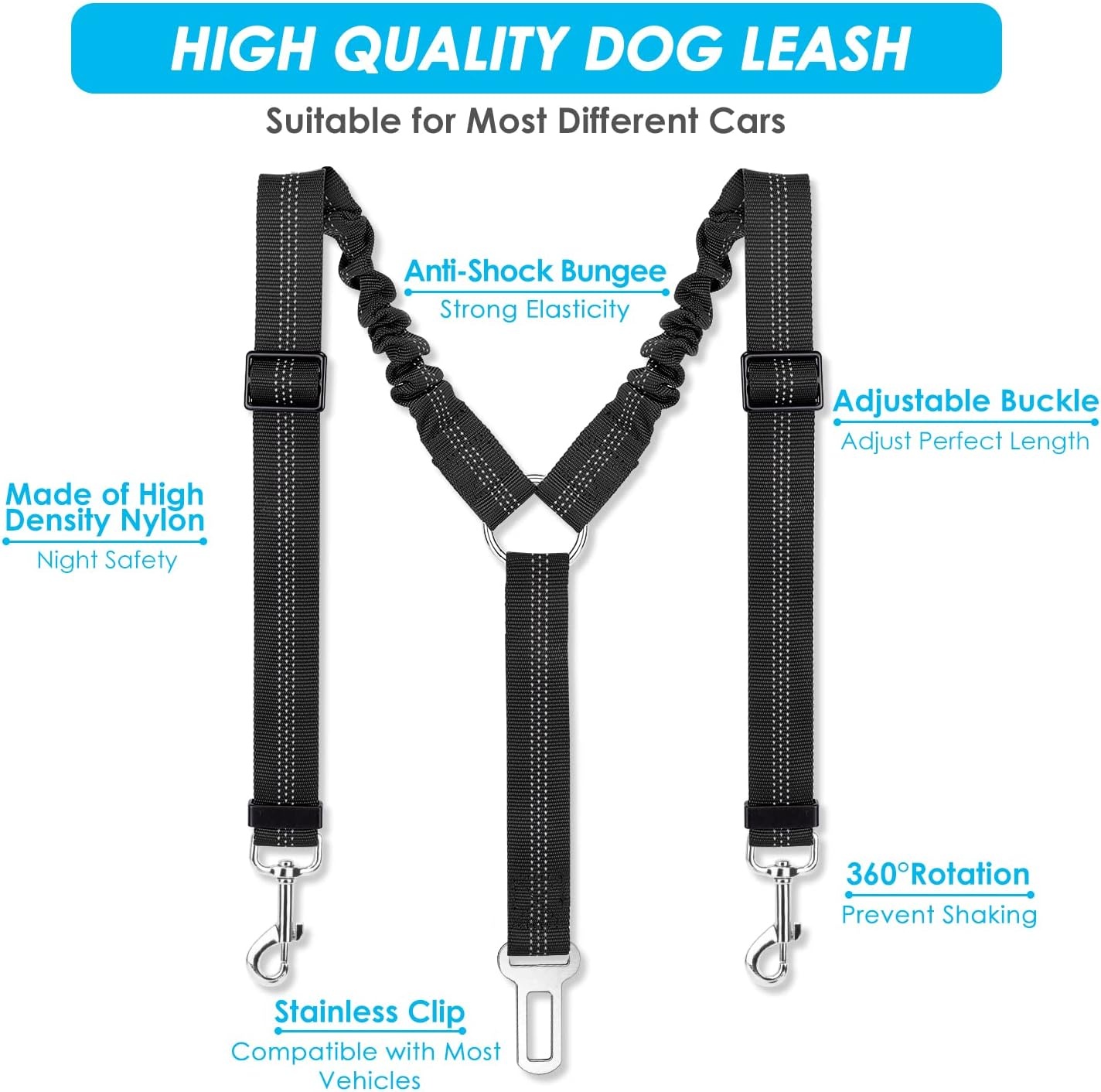 image:imageSlowTon Dog Seat Belt Double Dog Seatbelt Adjustable Vehicle Safety Leash with Elastic Bungee Buffer Reflective No Tangle Y Shape Two Dog Harness Seat Belt Splitter for Pets Car Trip Black SABlack