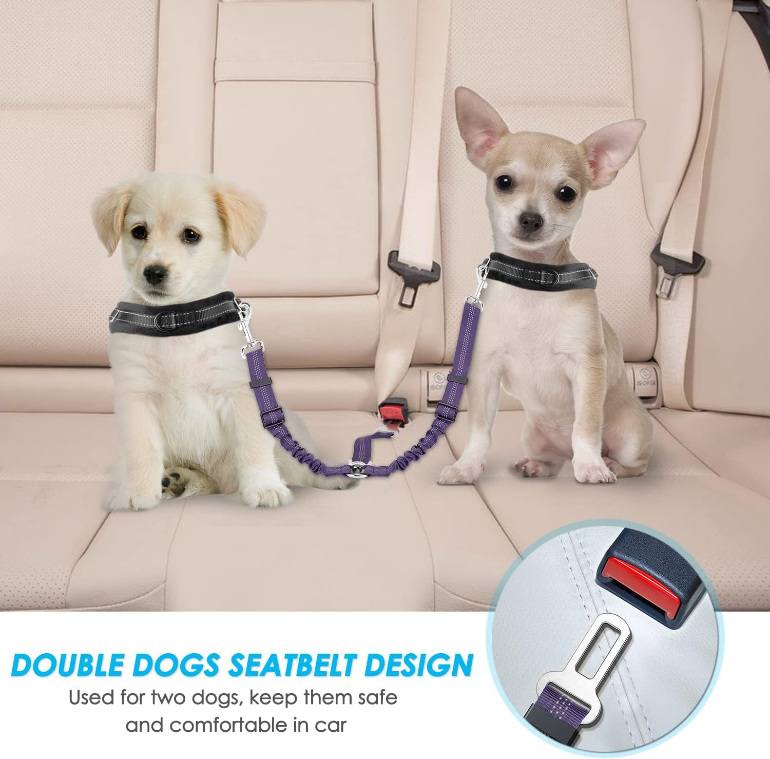 image:imageSlowTon Dog Seat Belt Double Dog Seatbelt Adjustable Vehicle Safety Leash with Elastic Bungee Buffer Reflective No Tangle Y Shape Two Dog Harness Seat Belt Splitter for Pets Car Trip Black SHPurple