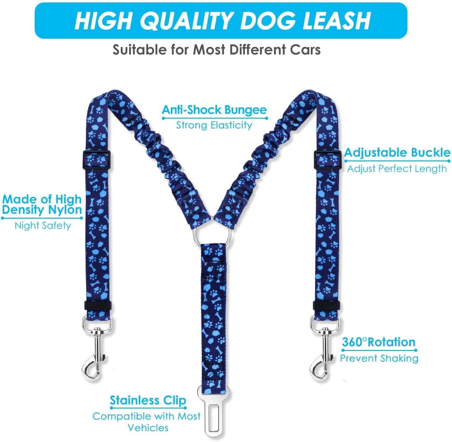 image:imageSlowTon Dog Seat Belt Double Dog Seatbelt Adjustable Vehicle Safety Leash with Elastic Bungee Buffer Reflective No Tangle Y Shape Two Dog Harness Seat Belt Splitter for Pets Car Trip Black SIBlue Paws