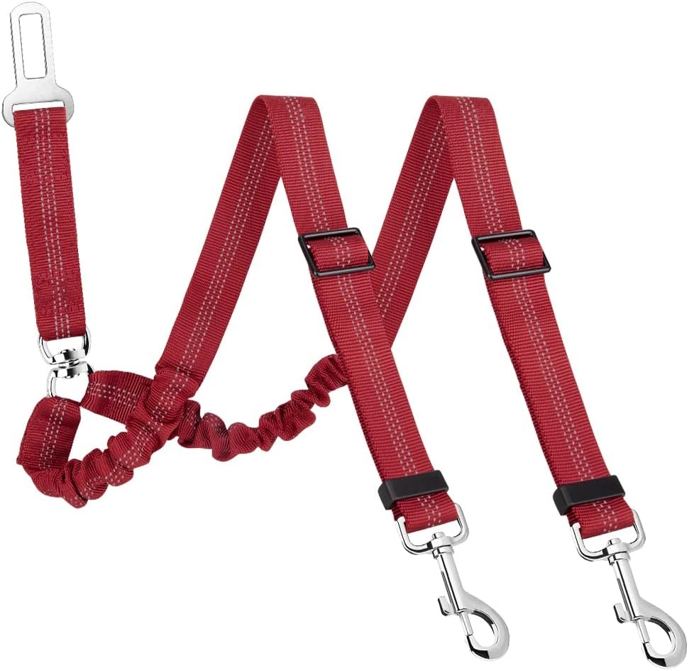 image:imageSlowTon Dog Seat Belt Double Dog Seatbelt Adjustable Vehicle Safety Leash with Elastic Bungee Buffer Reflective No Tangle Y Shape Two Dog Harness Seat Belt Splitter for Pets Car Trip Black SDRed