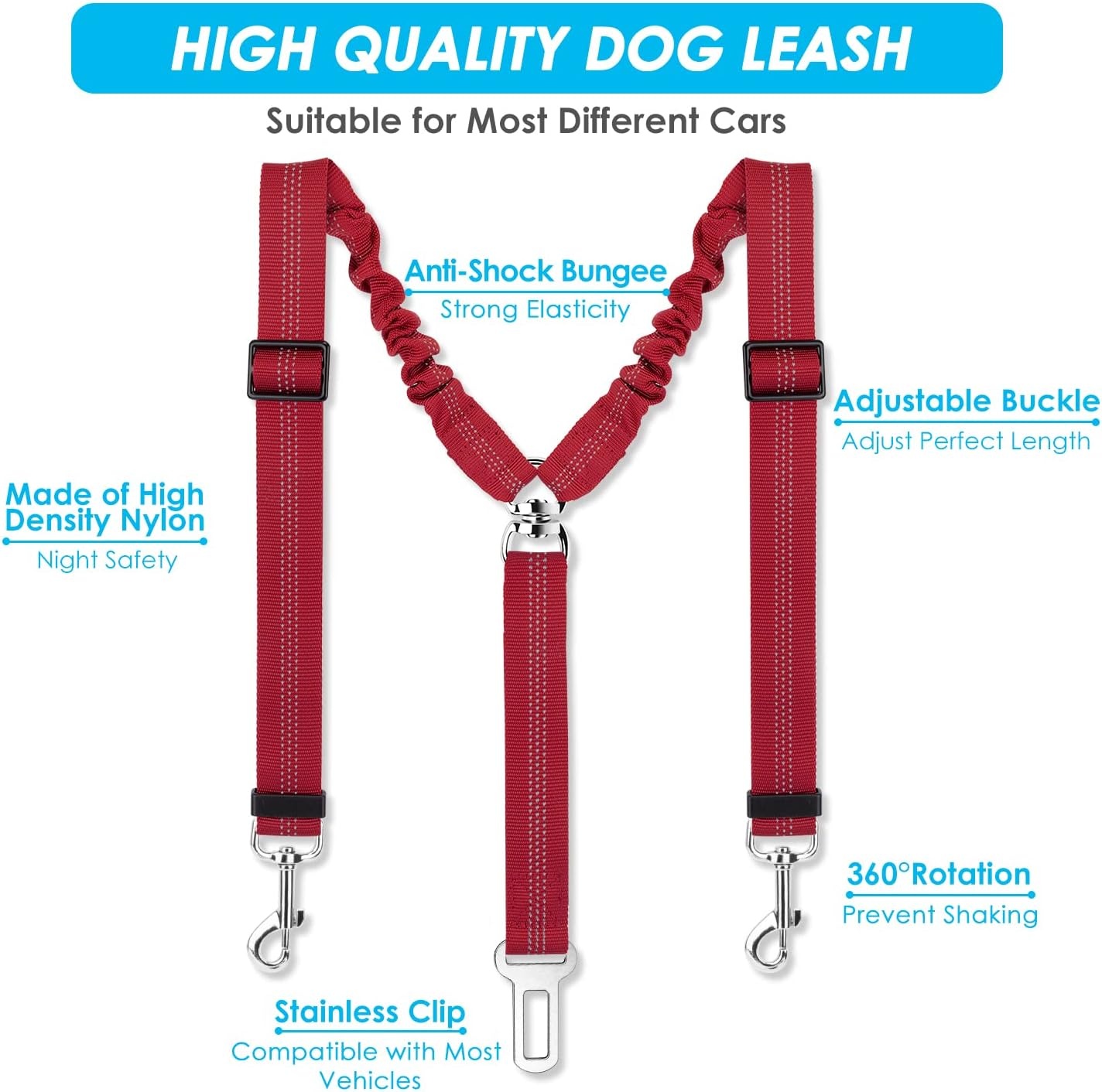 image:imageSlowTon Dog Seat Belt Double Dog Seatbelt Adjustable Vehicle Safety Leash with Elastic Bungee Buffer Reflective No Tangle Y Shape Two Dog Harness Seat Belt Splitter for Pets Car Trip Black SDRed