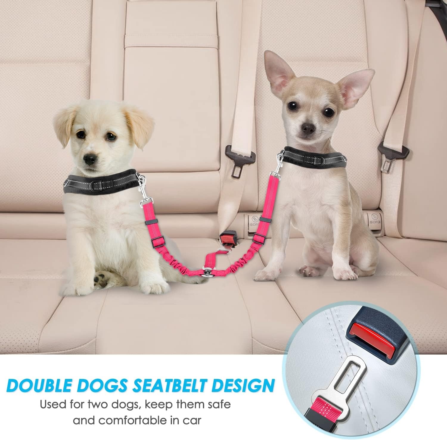 image:imageSlowTon Dog Seat Belt Double Dog Seatbelt Adjustable Vehicle Safety Leash with Elastic Bungee Buffer Reflective No Tangle Y Shape Two Dog Harness Seat Belt Splitter for Pets Car Trip Black SBFluorescent Pink