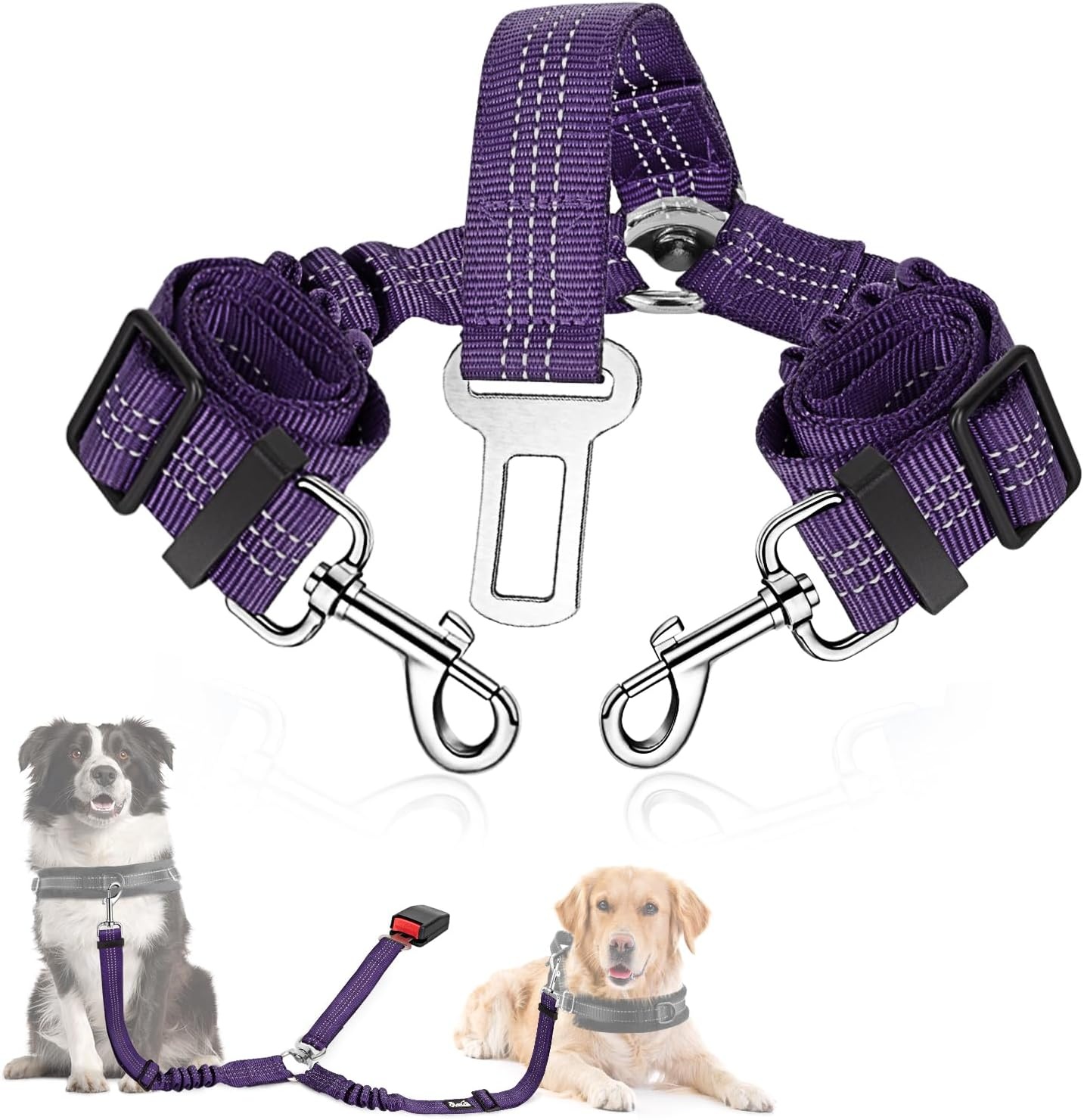 image:imageSlowTon Dog Seat Belt Double Dog Seatbelt Adjustable Vehicle Safety Leash with Elastic Bungee Buffer Reflective No Tangle Y Shape Two Dog Harness Seat Belt Splitter for Pets Car Trip Black SHPurple