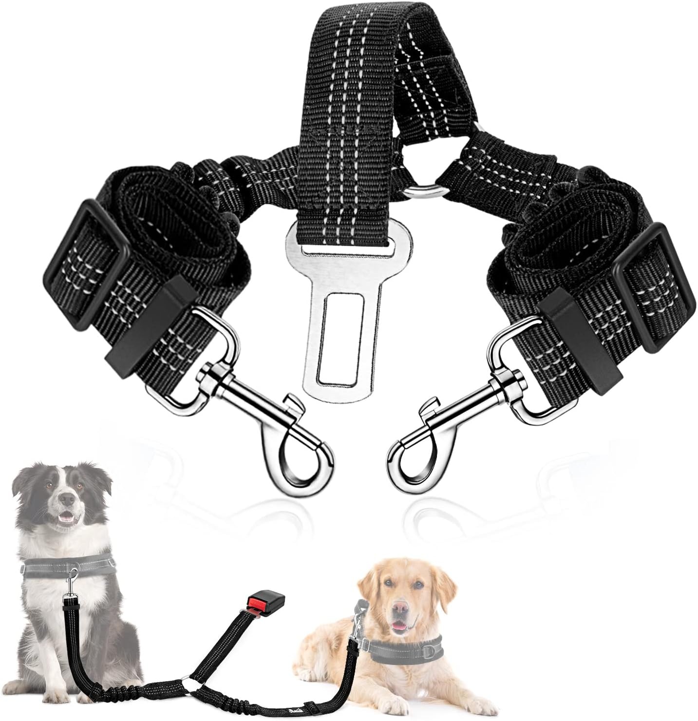 image:imageSlowTon Dog Seat Belt Double Dog Seatbelt Adjustable Vehicle Safety Leash with Elastic Bungee Buffer Reflective No Tangle Y Shape Two Dog Harness Seat Belt Splitter for Pets Car Trip Black SABlack