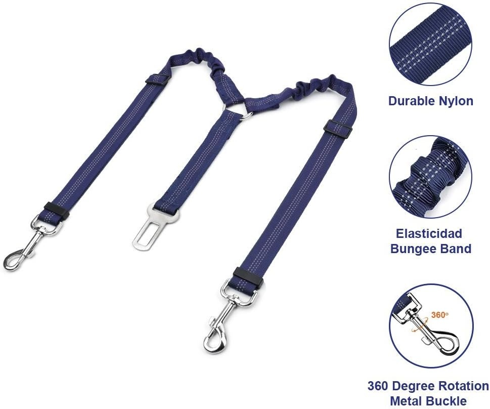 image:imageSlowTon Dog Seat Belt Double Dog Seatbelt Adjustable Vehicle Safety Leash with Elastic Bungee Buffer Reflective No Tangle Y Shape Two Dog Harness Seat Belt Splitter for Pets Car Trip Black SKBlue