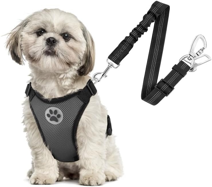 image:imageSlowTon Dog Seat Belt Harness for Car Dog Car Harness Adjustable Mesh Breathable amp Dog Seatbelt Safety Tether with Elastic Bungee for Small Medium Large PetsBlack Double Clip MNGrey