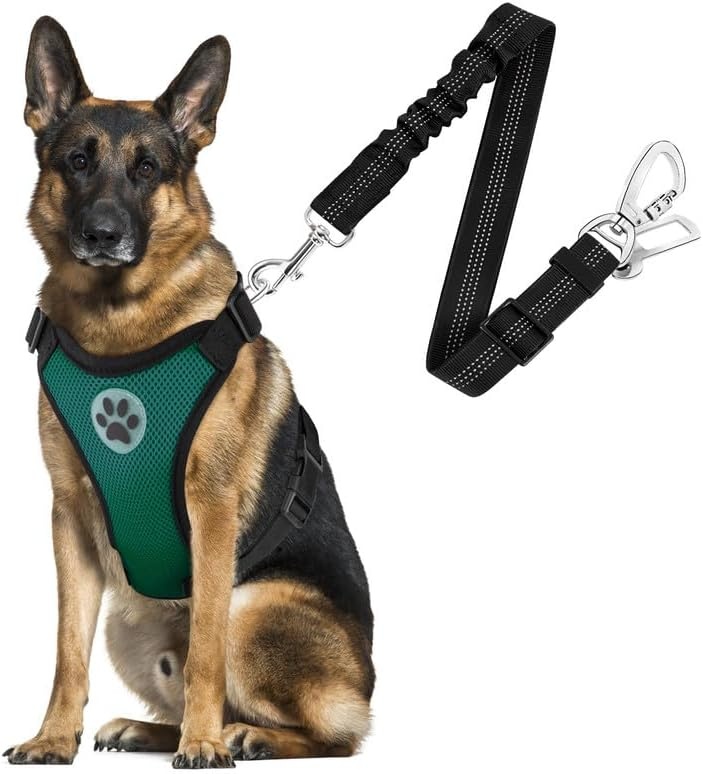 image:imageSlowTon Dog Seat Belt Harness for Car Dog Car Harness Adjustable Mesh Breathable amp Dog Seatbelt Safety Tether with Elastic Bungee for Small Medium Large PetsBlack Double Clip MMGreen