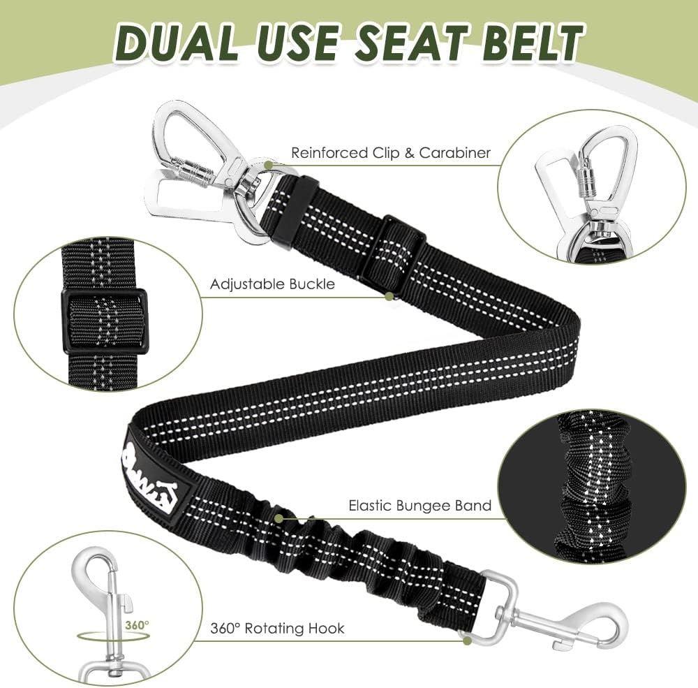 image:imageSlowTon Dog Seat Belt Harness for Car Dog Car Harness Adjustable Mesh Breathable amp Dog Seatbelt Safety Tether with Elastic Bungee for Small Medium Large PetsBlack Double Clip MMGreen
