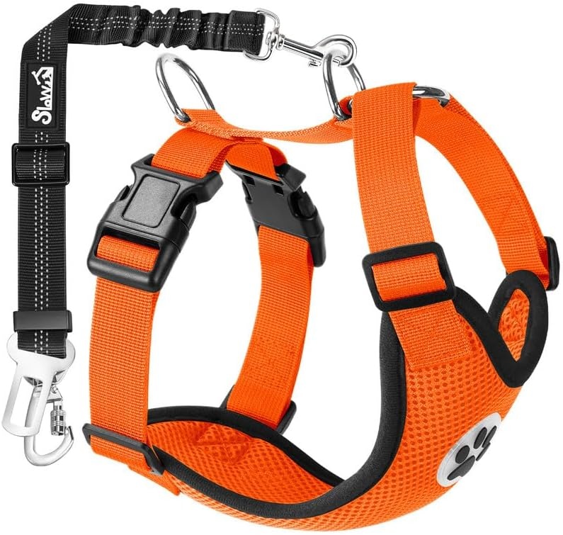image:imageSlowTon Dog Seat Belt Harness for Car Dog Car Harness Adjustable Mesh Breathable amp Dog Seatbelt Safety Tether with Elastic Bungee for Small Medium Large PetsBlack Double Clip MOOrange