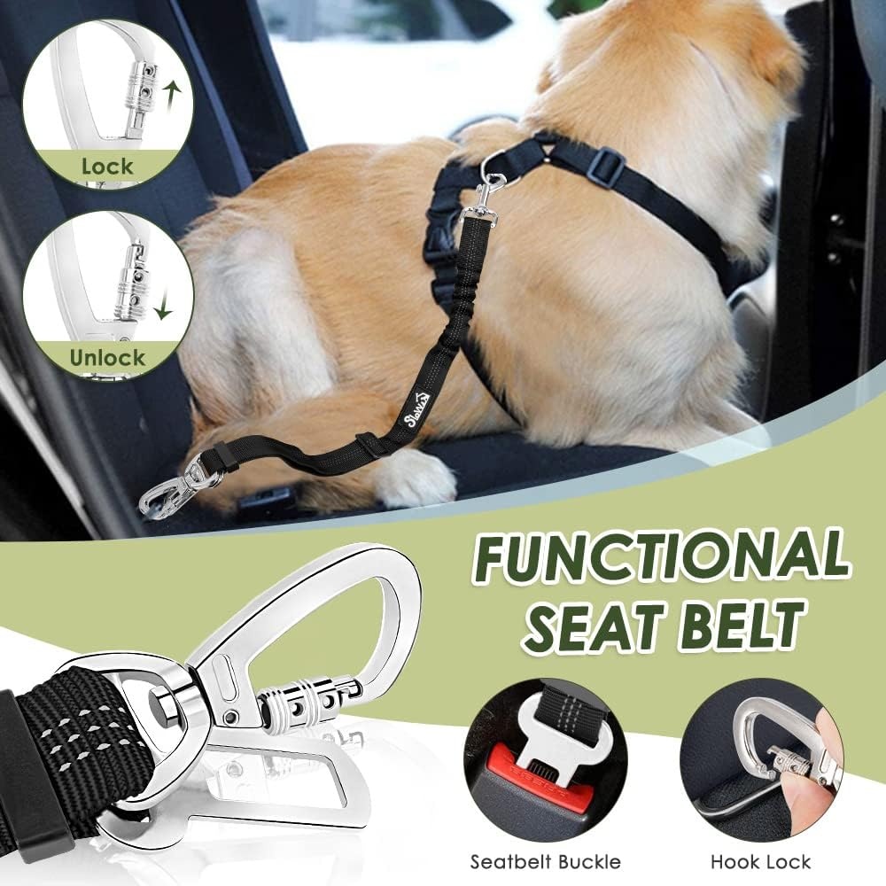 image:imageSlowTon Dog Seat Belt Harness for Car Dog Car Harness Adjustable Mesh Breathable amp Dog Seatbelt Safety Tether with Elastic Bungee for Small Medium Large PetsBlack Double Clip MILime