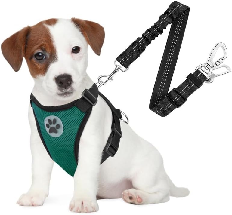 image:imageSlowTon Dog Seat Belt Harness for Car Dog Car Harness Adjustable Mesh Breathable amp Dog Seatbelt Safety Tether with Elastic Bungee for Small Medium Large PetsBlack Double Clip MMGreen