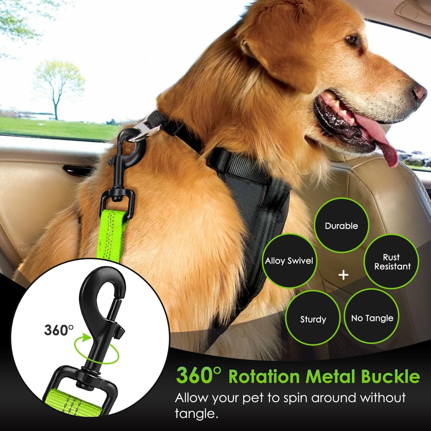 image:imageSlowTon Dog Seat Belt for Car Adjustable 3 in 1 Dog Seatbelt with Elastic Bungee Buffer Nylon Heavy Duty Dog Car Harness Reflective Safety Tether Leash with Latch Hook Clip BlackLime