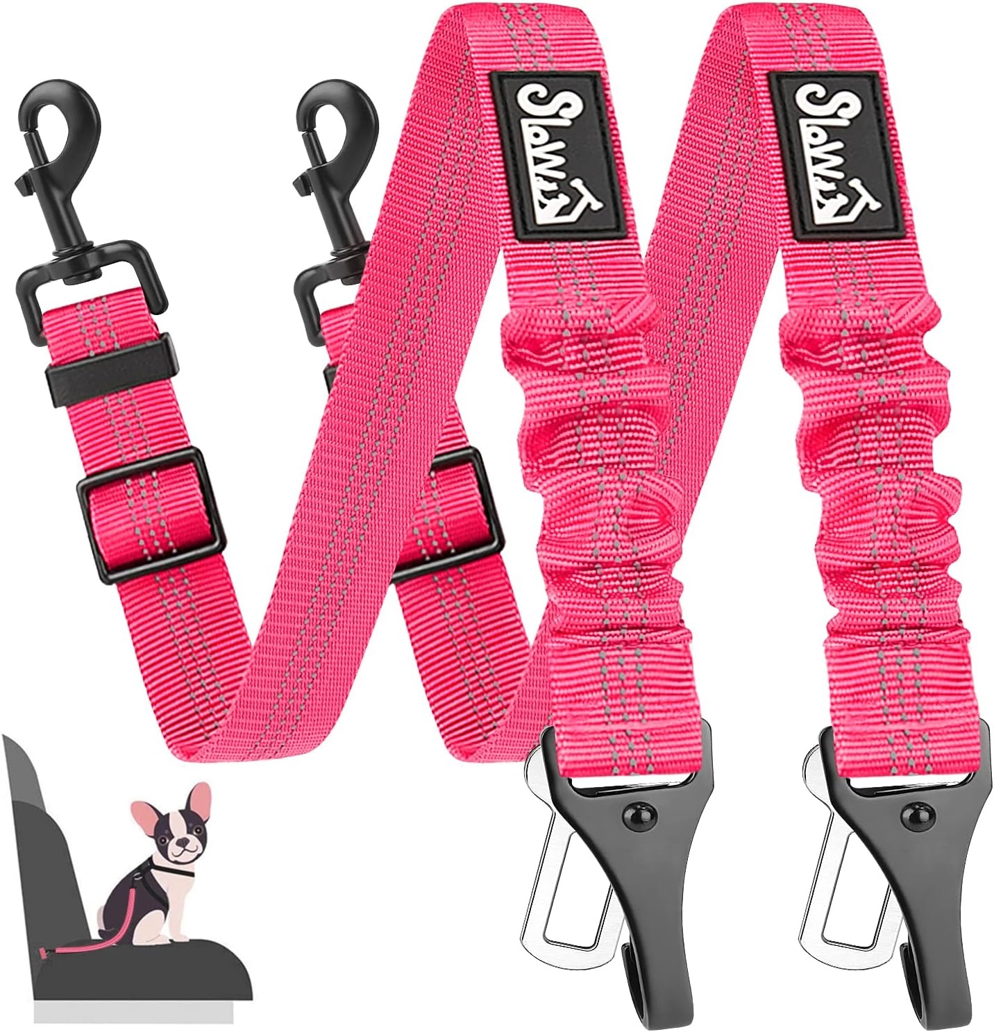 image:imageSlowTon Dog Seat Belt for Car Adjustable 3 in 1 Dog Seatbelt with Elastic Bungee Buffer Nylon Heavy Duty Dog Car Harness Reflective Safety Tether Leash with Latch Hook Clip BlackFluorescence Pink