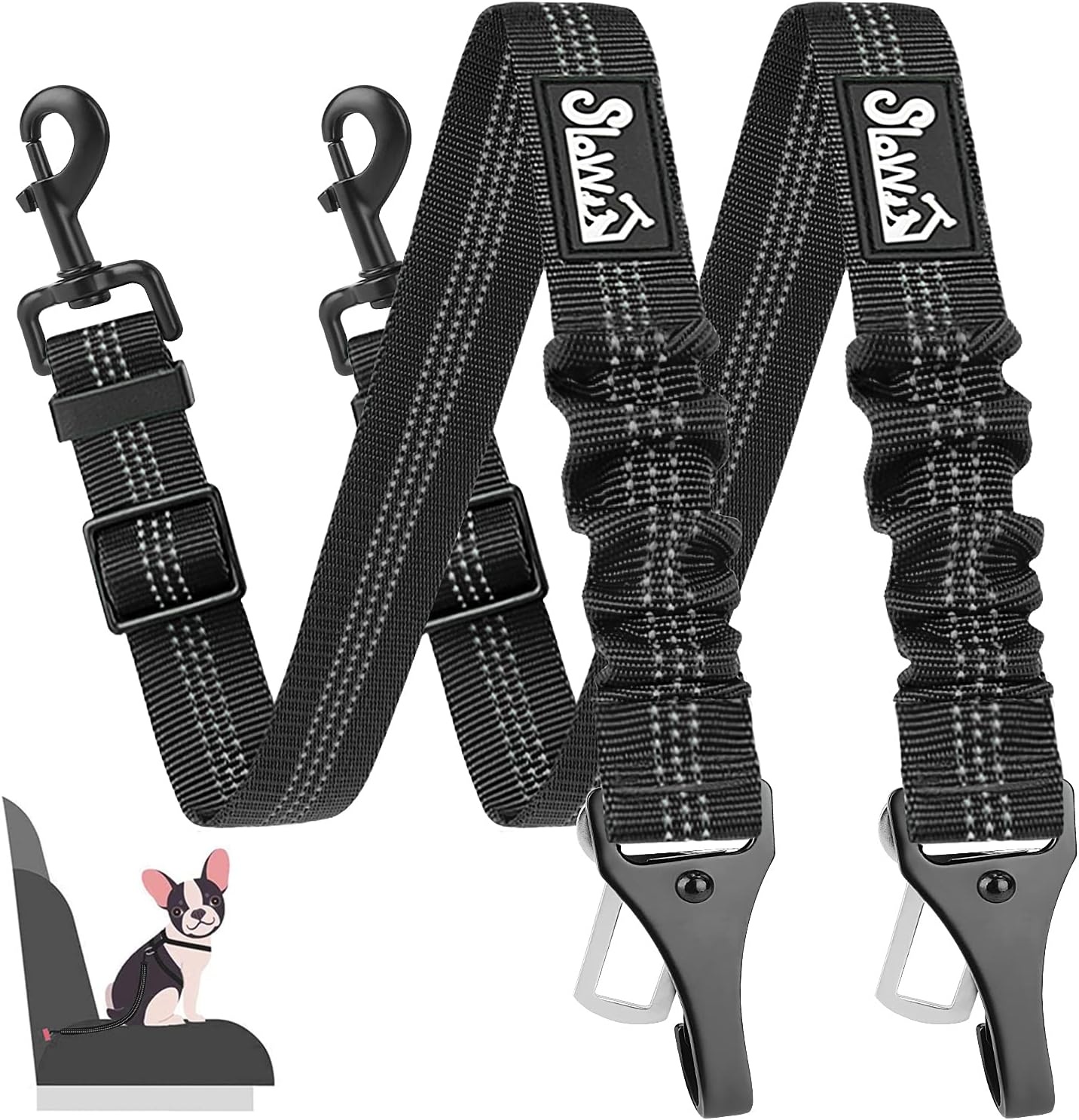 image:imageSlowTon Dog Seat Belt for Car Adjustable 3 in 1 Dog Seatbelt with Elastic Bungee Buffer Nylon Heavy Duty Dog Car Harness Reflective Safety Tether Leash with Latch Hook Clip BlackBlack