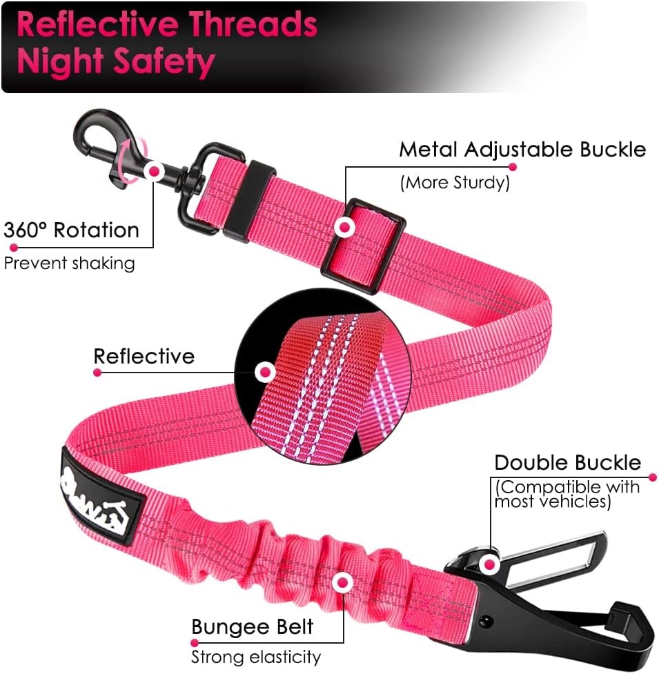 image:imageSlowTon Dog Seat Belt for Car Adjustable 3 in 1 Dog Seatbelt with Elastic Bungee Buffer Nylon Heavy Duty Dog Car Harness Reflective Safety Tether Leash with Latch Hook Clip BlackFluorescence Pink